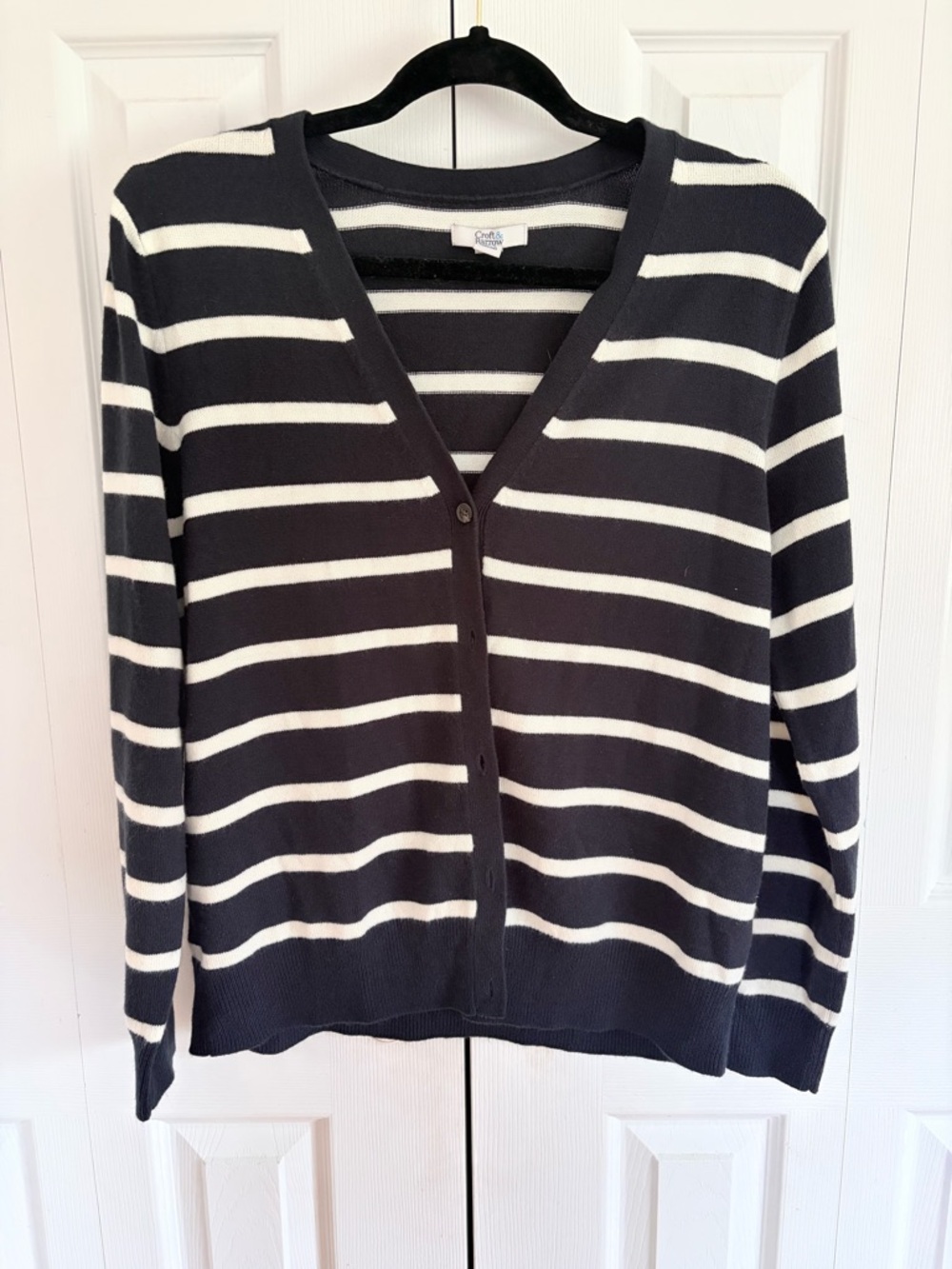 croft & barrow Navy and White Striped V-Neck Cardigan